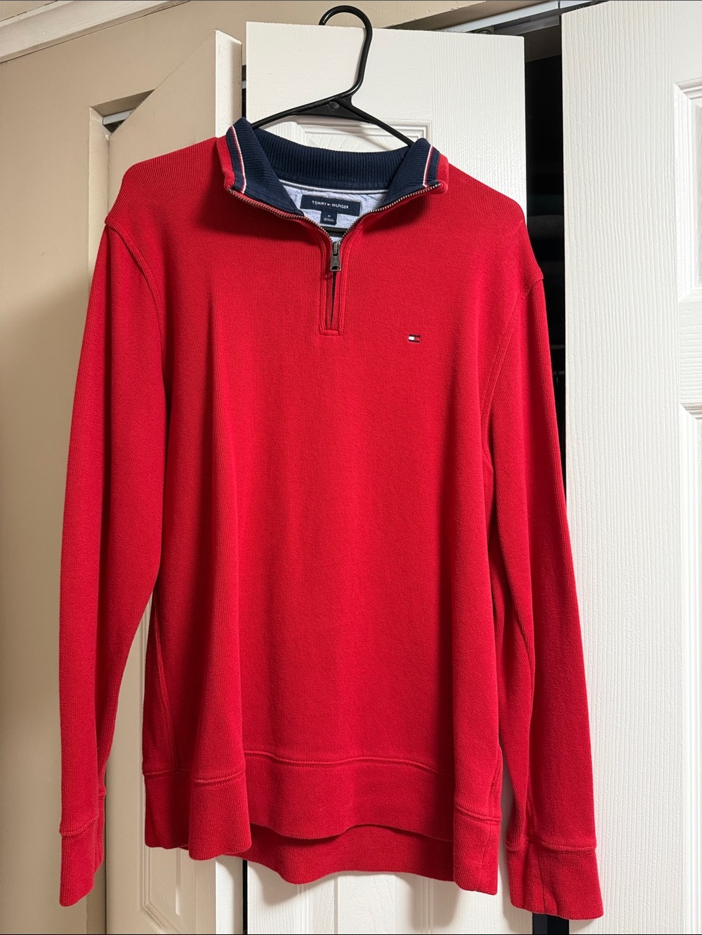 Tommy Hilfiger Red Half-Zip Pullover Sweater with Navy Trim